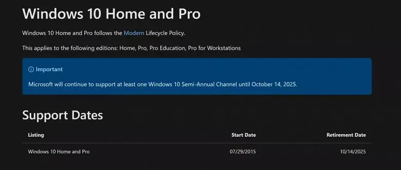 Microsoft a appelé la date de support Windows 10