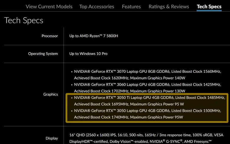 Especificações de dispositivos móveis GeForce RTX 3050 Ti e RTX 3050