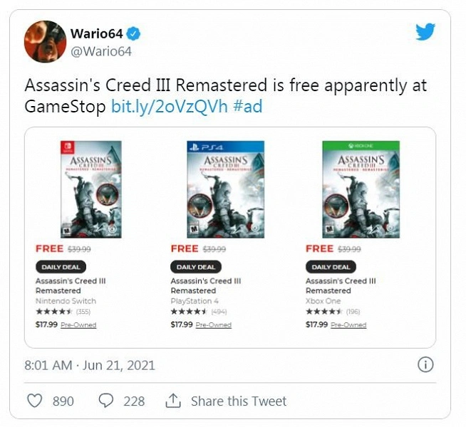 Gamestop vertreibt das Kreed III des Spiels Assassin-Creed III für Switch, PS4 und Xbox ONE kostenlos