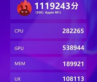 SoC AppleM1はAnTuTuで120万ポイントを獲得しました