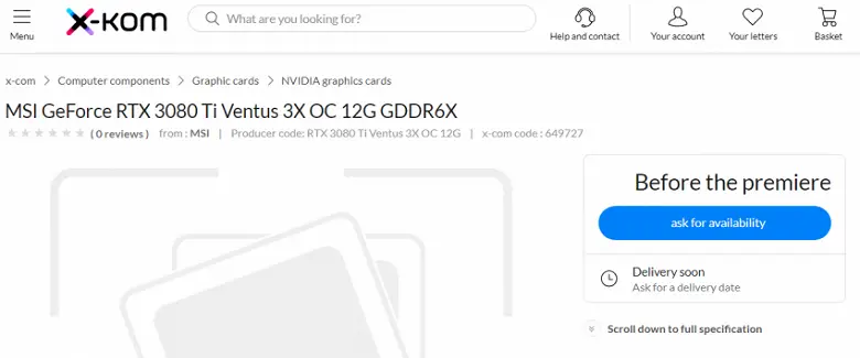 Nvidia GeForce RTX 3080Tiグラフィックスカードはすでにオンラインストアに登場しています