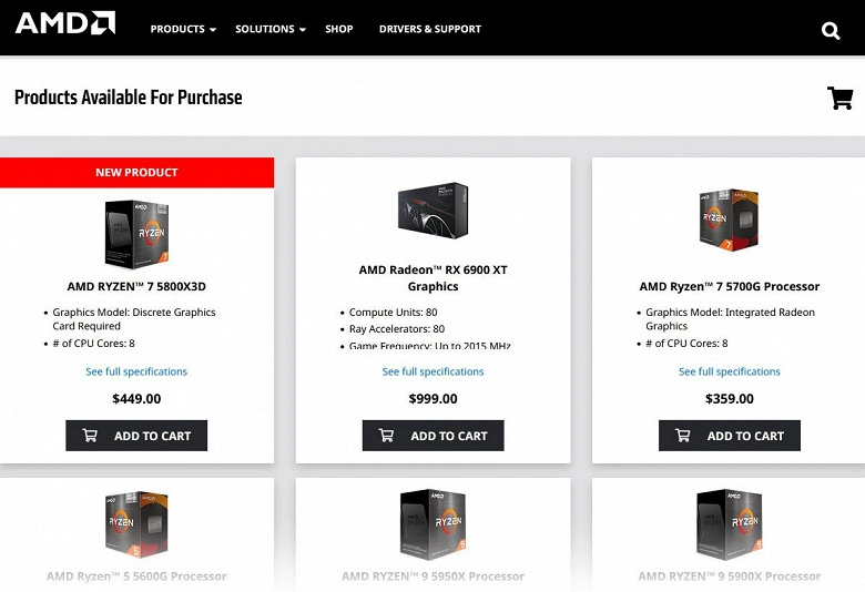 Ryzen 7 5800X3D und Radeon RX 6900 XT werden auf der AMD -Website zu empfohlenen Preisen angeboten