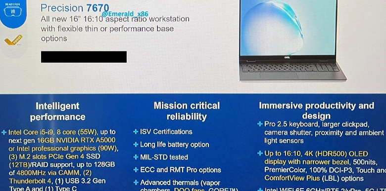 Não há tais processadores e GPUs no mercado ainda, e a RAM é única. Laptop incomum Dell Precision 7 iluminado on-line