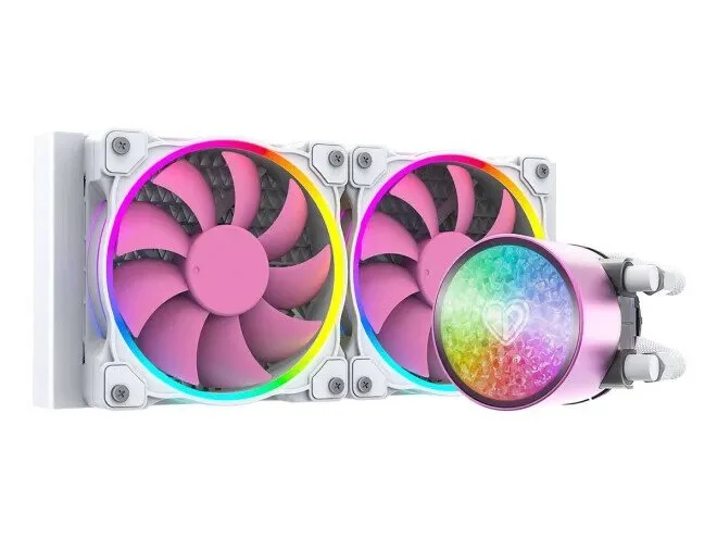 Für das Prozessorkühlsystem ID-Kühlung Pinkflow Diamond Edition wird eine Kombination aus weißen und rosafarbenen Farben ausgewählt
