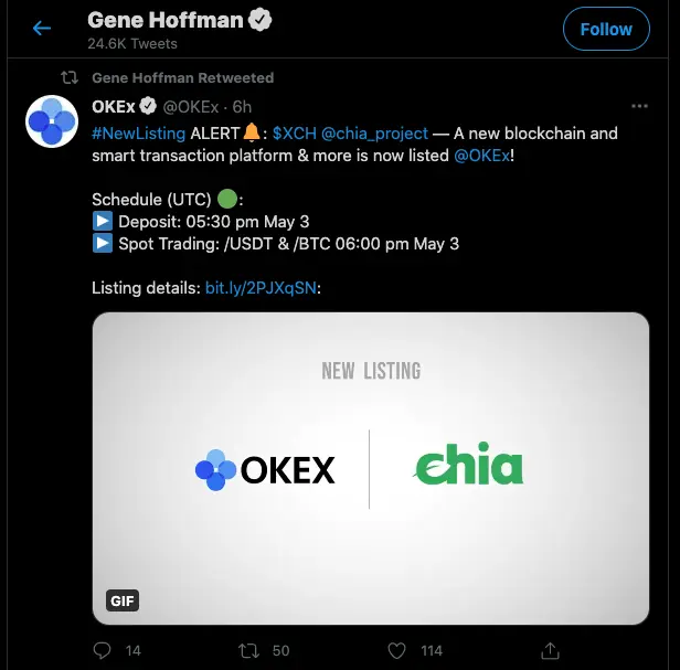L'exchange di criptovalute OKEx ha iniziato a vendere chia (su altri exchange - falsi!)