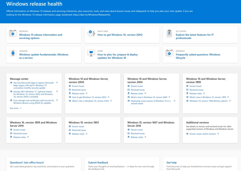 Windows Release Health - Alle Informationen zu Windows 10-Updates an einem Ort