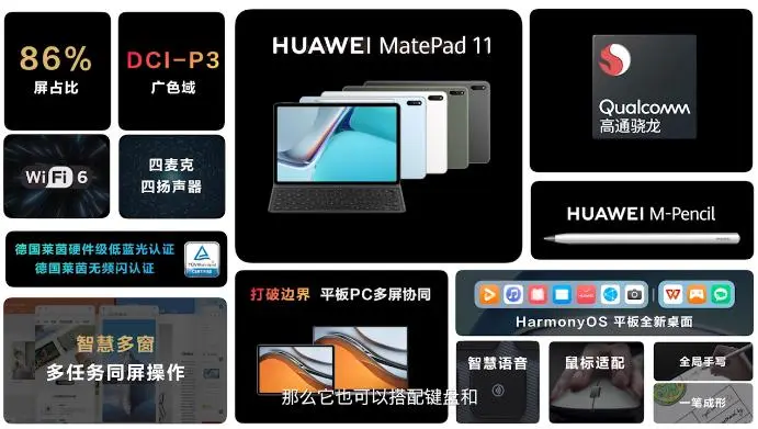 스크린 2K, 120 Hz, Snapdragon 865, 7250 mAh. Huawei Matepad 11 - Qualcomm 플랫폼 및 Harmonyos 2.0의 또 다른 화웨이 태블릿
