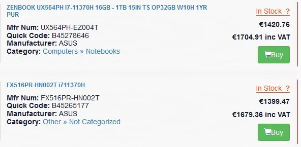 ASUS TUF 노트북에서 1,400 유로에 Intel Core i7-11370H Tiger Lake-H 프로세서 발견