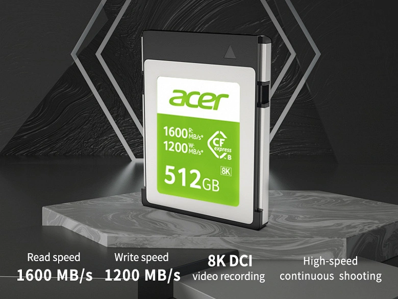 A linha de linha de armazenamento de ACER CFEXPRESS B inclui modelos de 128, 256 e 512 GB
