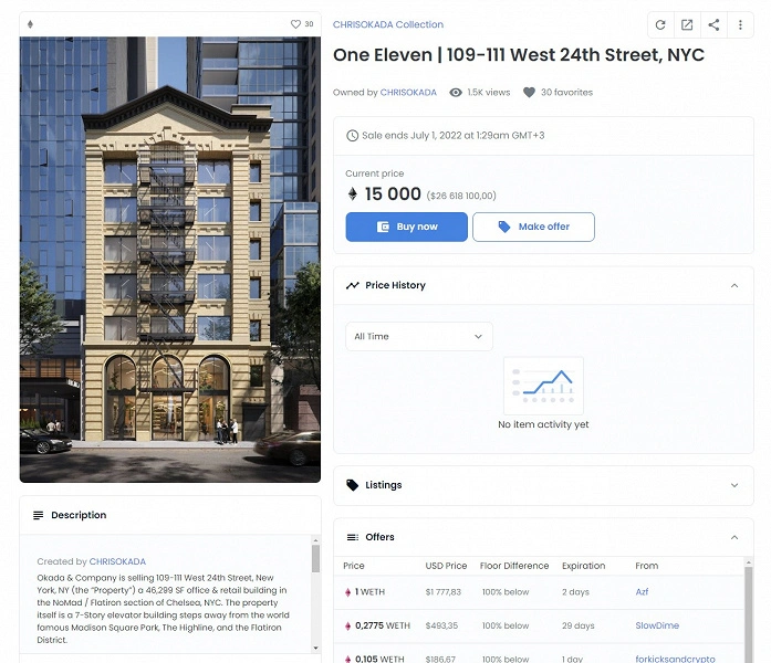 Das Bürogebäude in New York wird in Form von NFT für 15.000 ETH verkauft