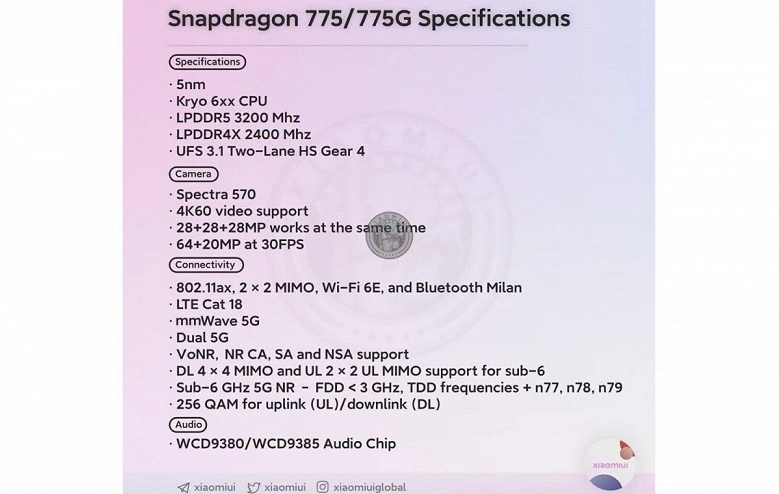 Plataforma de 5 nanômetros Snapdragon 775G desclassificada, para Xiaomi Mi 11 Lite 5G