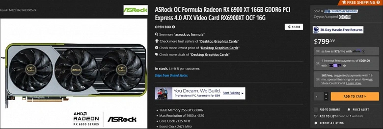 Radeon RX 6900 XT는 미국에서 권장 소매 가치보다 $ 800-20% 저렴한 가격으로 판매됩니다.