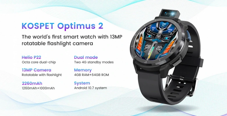 Kleines Smartphone am Handgelenk: Intelligente Uhren mit 4/64 GB Speicher, Sony Swivel Camera und Flash - KOSTRET Optimus 2