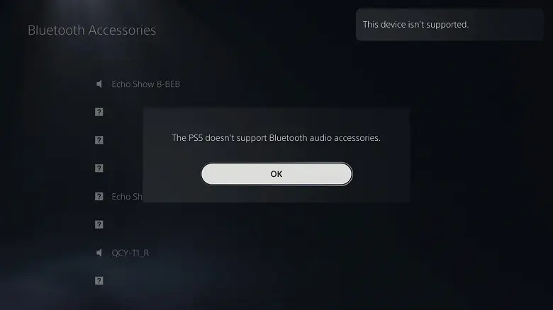 PlayStation 5는 Bluetooth 오디오 액세서리를 지원하지 않습니다.