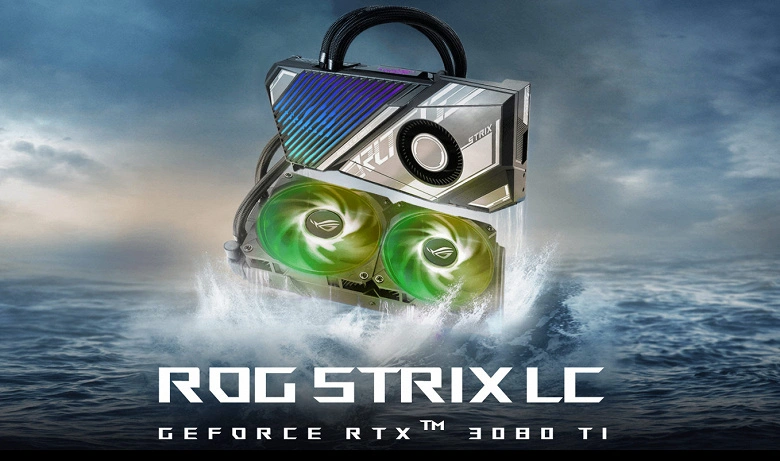 ASUS RTX 3080 TI ROG Strix LCビデオカードはハイブリッド冷却で表示されています