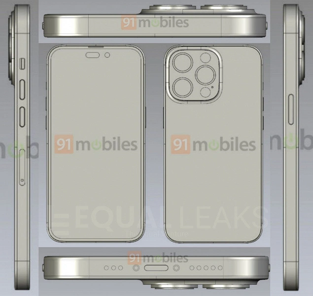 iPhone 14 Pro, dotato di schermo con due tagli, mostrato su rendering CAD di alta qualità da tutti i lati