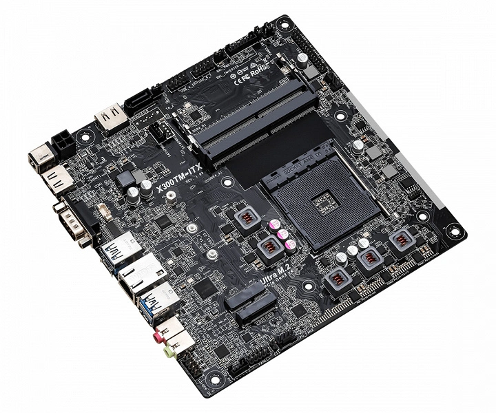Das AsRock X300TM-ITX-Systemplatine der dünnen Mini-ITX-Größe ist für AMD-Prozessoren ausgelegt, die von AM4 ausgeführt werden