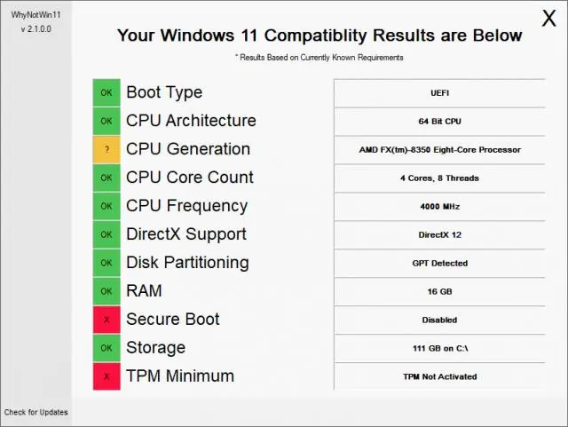Whynotwin11 - Diagnostica dettagliata della compatibilità con Windows 11