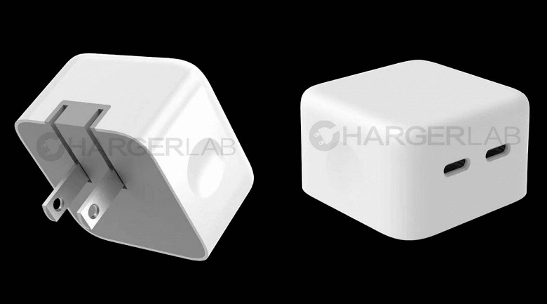 두 개의 USB-C 커넥터가있는 첫 번째 Apple 충전기가 고품질의 이미지에 표시되어 있습니다.