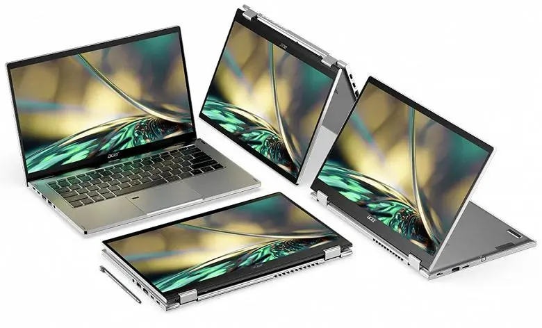 Acer Swift 3 OLED, Spin 5 et Spin 3. Les deux derniers modèles sont présentés.