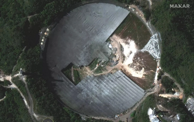 Imagens do espaço mostraram que os restos do observatório de Arecibo estão sendo ativamente desmontados