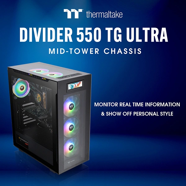 Der Fall des Thermaltake-Teilers 550 Tg Ultra ATX-Mittelziel wird mit einem Farbbildschirm angezeigt