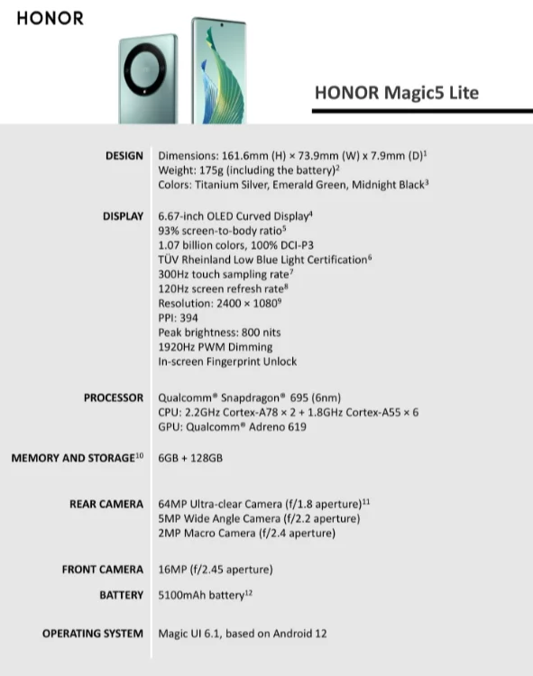 Toutes les caractéristiques de Honor Magic5 Lite divulguées sur le réseau