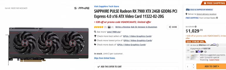 Il prezzo della Radeon RX 7900 XTX è sceso al livello del prezzo consigliato. La scheda ora chiede $ 1.030, mentre l'RTX 4080 parte da $ 1.250