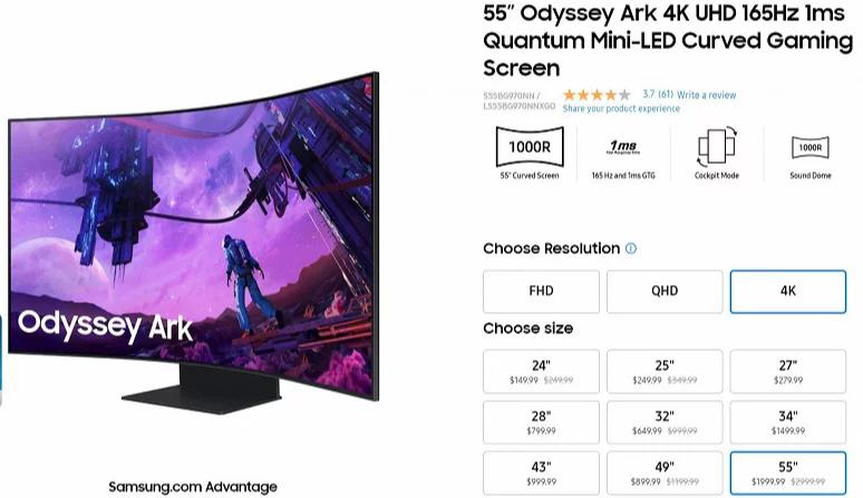 다음은 할인입니다. 주력 게임 모니터인 55인치 Samsung Odyssey Ark의 미국 가격이 150만 달러 하락했습니다.
